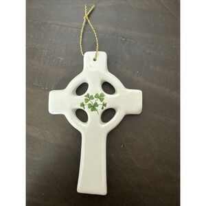Ceramic White Cross Green Shamrock Christmas Ornament Clover Irish Luck Ireland
